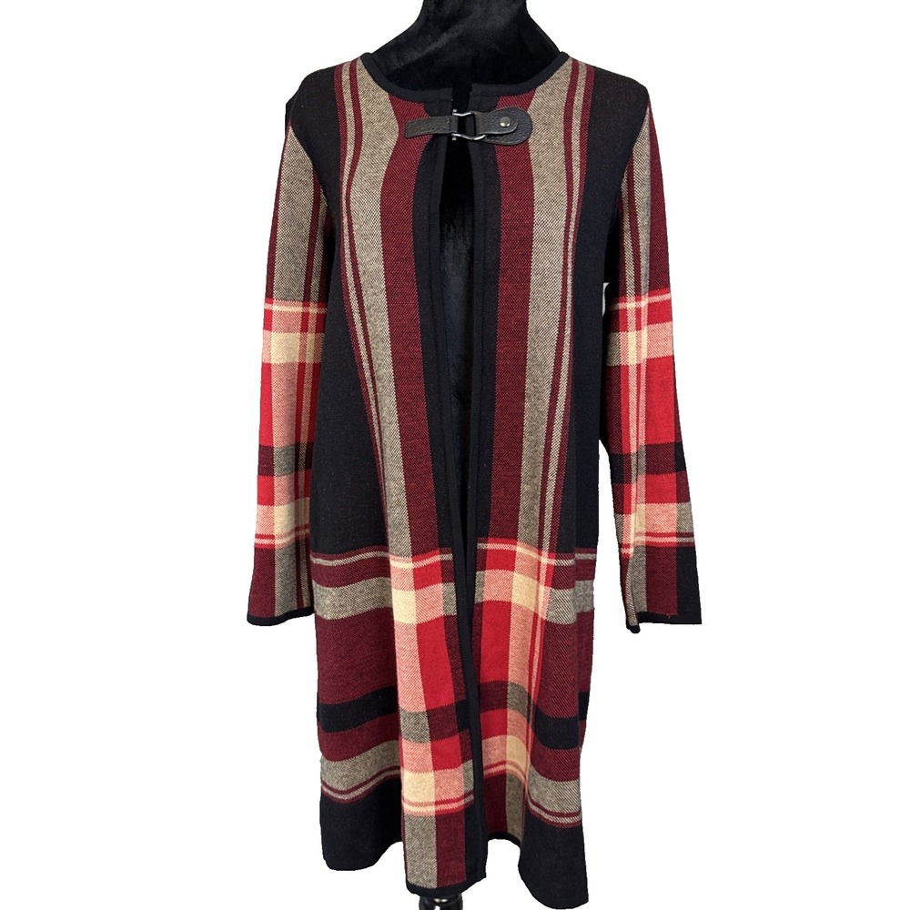 Kasper Cardigan Duster Women's Medium Open Front Long Sweater Black & Red